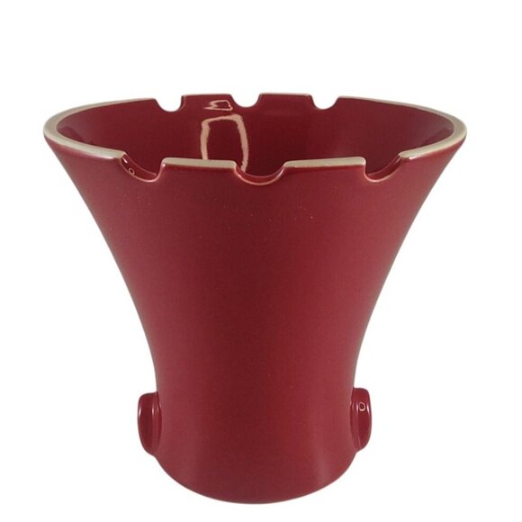 Vintage Red Ceramic Fluted Vase With Notched Rim & Center Hole - Picture 3 of 8